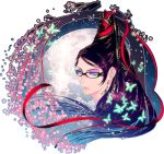  1girl amulet bayonetta bayonetta_(character) beehive_hairdo black_hair bodysuit earrings eyeshadow flower glasses jewelry lipstick looking_at_viewer makeup mole mole_under_mouth namaqo_k simple_background smile solo 