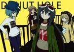  4girls against_railing akemi_homura arm_support beanie beret black_hair black_shirt blonde_hair blue_hair blue_pants boots copyright_name cosplay crossover donut_hole_(vocaloid) dress drill_hair eyebrows_visible_through_hair goggles goggles_on_head green_jacket grey_shirt gumi gumi_(cosplay) hat hatsune_miku hatsune_miku_(cosplay) head_tilt jacket jewelry kagamine_rin kagamine_rin_(cosplay) long_hair long_sleeves looking_away mahou_shoujo_madoka_magica megurine_luka megurine_luka_(cosplay) miki_sayaka multiple_girls necklace pants parted_lips pearl_necklace pokki_(sue_eus) purple_eyes railing red_eyes red_hair sakura_kyouko shirt short_hair simple_background stairs tomoe_mami top_hat twin_drills vocaloid white_shirt yellow_background yellow_dress yellow_eyes 