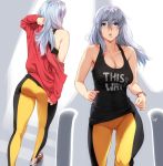  1girl ass bare_shoulders blue_eyes breasts cleavage english_commentary eyebrows_visible_through_hair feguimel hair_between_eyes jacket large_breasts long_hair multiple_views off_shoulder open_mouth original shoes silver_hair sneakers tank_top wristband 