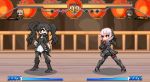  2girls artist_request black_hair chibi commentary_request fighting_game fighting_stance gameplay_mechanics girls_frontline health_bar highres m16a1_(girls_frontline)_(boss) m4_sopmod_ii_(girls_frontline) m4a1_(girls_frontline) multiple_girls parody pink_hair pixel_art scarecrow_(girls_frontline) twintails 