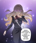  1girl black_dress blonde_hair braid daenerys_targaryen dress english_text evil_smile french_braid game_of_thrones glowing highres hinghoi long_hair purple_background purple_eyes smile speech_bubble yandere 