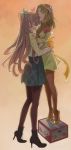  2girls brown_hair closed_eyes dress forehead_kiss high_heels hug kiss maria_cadenzavna_eve multiple_girls on_box pantyhose pink_hair plaid plaid_skirt senki_zesshou_symphogear serena_cadenzavna_eve siblings sisters size_difference skirt smile 