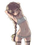  1girl arm_behind_head armpits braided_ponytail breasts brown_hair freckles garter_straps green_ribbon groin hair_ribbon isuzu_(log_horizon) leaning_to_the_side log_horizon long_hair mo_(deciliter) navel open_mouth pink_eyes ponytail ribbon simple_background sketch small_breasts solo standing thigh_strap underwear underwear_only very_long_hair white_background 