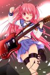  1girl angel_beats! ankle_lace-up blue_sailor_collar blue_skirt choker cross-laced_footwear demon_tail electric_guitar feet_out_of_frame guitar hair_ribbon instrument leg_belt leg_up long_hair looking_at_viewer open_mouth otou_(otou_san) pink_eyes pink_hair pleated_skirt ribbon sailor_collar school_uniform serafuku shinda_sekai_sensen_uniform skirt smile solo tail two_side_up yui_(angel_beats!) 