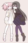  2girls :d akemi_homura arm_behind_back bag bare_legs black_footwear black_hair black_hairband black_sweater boots dress eyebrows_visible_through_hair eyes_visible_through_hair full_body hair_ribbon hairband happy jacket kaname_madoka long_hair looking_at_viewer looking_away mahou_shoujo_madoka_magica multiple_girls no_nose open_mouth pink_background pink_eyes pink_hair plaid plaid_skirt pokki_(sue_eus) purple_eyes purple_legwear ribbon short_dress short_hair short_twintails simple_background skirt smile socks standing sweater turtleneck turtleneck_sweater twintails v w white_dress white_jacket white_legwear white_ribbon 