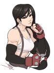  1girl belt biceps black_eyes black_hair black_sleeves breasts cleavage clenched_hands crop_top detached_sleeves earrings elbow_pads eyebrows_visible_through_hair fighting_stance final_fantasy final_fantasy_vii fingerless_gloves gloves jewelry lips long_hair looking_at_viewer low-tied_long_hair medium_breasts midriff mike_nesbitt navel red_gloves signature solo suspenders tifa_lockhart toned upper_body white_background 