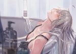  1girl ahoge bathtub black_bra blush bra breasts collarbone commentary_request fate/grand_order fate_(series) jeanne_d&#039;arc_(alter)_(fate) jeanne_d&#039;arc_(fate)_(all) large_breasts long_hair looking_at_viewer lying silver_hair solo underwear whitecrow4444 yellow_eyes 