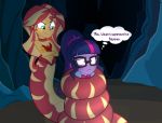  2019 cave clothed clothing crossed_arms dialogue equestria_girls eyewear frown glasses hair human hybrid lamia mammal multicolored_hair my_little_pony ponytail reptile scalie snake sunset_shimmer_(eg) thought_bubble twilight_sparkle_(eg) wubcakeva 