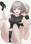  2girls artoria_pendragon_(all) bangs bare_legs black_panties black_shirt blonde_hair blush breast_grab closed_mouth commentary_request eyebrows_visible_through_hair eyes_visible_through_hair fate/grand_order fate_(series) grabbing grabbing_from_behind grey_background hands_up highres holding_controller jeanne_d&#039;arc_(alter)_(fate) jeanne_d&#039;arc_(fate)_(all) kneeling midriff multiple_girls navel new970 no_pants panties playstation_controller print_shirt saber_alter shirt short_hair short_sleeves silver_hair simple_background sitting t-shirt underwear yellow_eyes yuri 