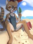  anthro black_nose brown_fur clothing cub cuntboy euplerid fanaloka fur intersex looking_at_viewer mammal multicolored_fur ricky945 solo swimwear young 