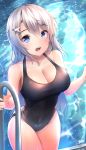  1girl 9a-91_(girls_frontline) :o absurdres bangs bare_shoulders black_swimsuit blue_eyes blush breasts cleavage climbing day eyebrows_visible_through_hair girls_frontline hair_between_eyes hair_ornament highres hiromaster_sinta_jh long_hair looking_at_viewer one-piece_swimsuit outdoors pool pool_ladder signature silver_hair solo star star_hair_ornament swimsuit very_long_hair wet 