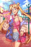  1girl amusement_park bag bishoujo_senshi_sailor_moon blonde_hair blue_eyes breasts casual choker cleavage collarbone crepe crescent day double_bun earrings eyebrows_visible_through_hair eyewear_on_head food handbag jacket jewelry letterman_jacket long_hair medium_breasts nail_polish off_shoulder oversized_clothes pink-tinted_eyewear pink_choker pink_nails pockicchi shorts signature smile solo stud_earrings sunglasses tsukino_usagi twintails unzipped very_long_hair 