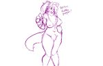 2018 anthro breasts canid canine canis dialogue domestic_dog female hair looking_at_viewer mammal monochrome naturally_censored nipples nude ponytail simple_background sketch smile solo standing watsup white_background wide_hips 
