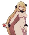  blonde_hair blonde_pubic_hair brown_eyes hair_ornament hair_over_one_eye highres lamb-oic029 long_hair looking_at_viewer navel nipples nude poke_ball pokemon pussy shirona_(pokemon) smile wristband 