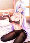  1girl black_bra black_legwear black_panties bra breasts cake collarbone finger_licking finger_to_mouth food fruit hair_over_one_eye highres large_breasts licking long_hair looking_at_viewer navel on_bed original panties panties_under_pantyhose pantyhose pillow plate purple_eyes silver_hair sitting solo strawberry thighband_pantyhose tongue tongue_out translation_request underwear zuizhong 