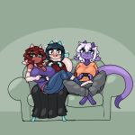  2019 anthro big_breasts blue_(limebreaker) blush breasts clothed clothing digital_media_(artwork) dress jeans limebreaker looking_at_viewer maple_(limebreaker) on_lap open_mouth pants scalie simple_background sitting_on_lap smile sofa teasing thick_thighs video_games violet_(limebreaker) 