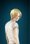  1boy arms_at_sides ash_lynx banana_fish blue_background buffalonayako highres looking_at_viewer looking_back male_focus shirt simple_background solo standing t-shirt white_shirt 