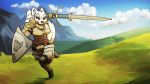  albino armor attack canid canine canis dire_wolf female feretta fur hair landscape mammal melee_weapon muscular muscular_female prydr red_eyes running shield sword warrior weapon white_fur white_hair wolf zweihander 