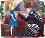  1boy 1girl ahoge arm_behind_back asymmetrical_clothes asymmetrical_pants balloon black_choker blonde_hair blue_dress bow briefcase chair checkered_pants choker closed_mouth clown commentary diamond_(symbol) dress facial_mark flower full_body gloves green_hair green_lips hair_bow hat highres holding holding_flower isshiki_(ffmania7) joe_rikiichi kneeling long_coat long_hair long_sleeves looking_at_another makeup nijisanji painting pants plant presenting red_bow red_footwear red_gloves rindou_mikoto_(cameo) smile standing striped striped_pants stuffed_animal stuffed_toy symbol_commentary takamiya_rion top_hat twintails virtual_youtuber younger 