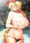  1girl :o bangs baseball_cap bikini_bottom black_bikini_bottom black_headwear blonde_hair blue_eyes blush body_mahattaya_ginga braid breasts collarbone commentary_request covered_nipples cowboy_shot day eyebrows_visible_through_hair fate/apocrypha fate_(series) groin hat jeanne_d&#039;arc_(fate) jeanne_d&#039;arc_(fate)_(all) large_breasts long_hair looking_at_viewer navel outdoors see-through shirt sidelocks single_braid skindentation solo stomach swimsuit very_long_hair wet wet_clothes wet_shirt white_shirt 