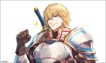  1boy armor artist_name bangs black_border blonde_hair blue_eyes border brown_gloves clenched_hand commentary ex_albio gloves grin hair_between_eyes hand_up kei-suwabe looking_at_viewer nijisanji shoulder_armor smile solo sparkle sword sword_hilt upper_body virtual_youtuber weapon white_background 