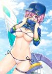  1girl artoria_pendragon_(all) baseball_cap bikini blue_jacket blue_sky blush breasts cleavage cloud cosplay covered_mouth day eyebrows_visible_through_hair fate/grand_order fate_(series) glasses hair_between_eyes hair_over_one_eye hat jacket kotatsu_(kotatsu358) large_breasts looking_at_viewer mash_kyrielight mysterious_heroine_xx_(foreigner) mysterious_heroine_xx_(foreigner)_(cosplay) navel outdoors pink_hair purple_eyes short_hair shrug_(clothing) side-tie_bikini skindentation sky solo swimsuit thigh_strap white_bikini 