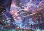  animal backpack bag blurry building city cloud dark depth_of_field fantasy fog from_behind globe lamppost mountain munashichi night night_sky original outdoors scenery short_hair shorts sky solo stairs star_(sky) starry_sky water 