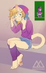  4_toes 5_fingers ambiguous_gender anthro blonde_hair bottomwear clothing domestic_cat felid feline felis freckles fur hair hoodie leg_warmers legwear mammal noctovision short_shorts shorts sitting solo starbound toes video_games whiskers white_fur 