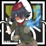  1girl absurdres alibi_(rainbow_six_siege) alibi_(rainbow_six_siege)_(cosplay) antyobi0720 anzio_(emblem) arm_up bangs belt beret black_belt black_gloves black_hair body_armor braid brown_eyes brown_pants character_name collar commentary_request cosplay emblem eyebrows_visible_through_hair fingerless_gloves girls_und_panzer gloves green_jacket grin hair_over_one_eye hair_tie hat highres hologram jacket leaning_forward long_sleeves looking_at_viewer military_hat pants partial_commentary pepperoni_(girls_und_panzer) rainbow_six_siege red_collar red_headwear robot short_hair side_braid sleeves_rolled_up smile solo standing tactical_clothes upper_body v-shaped_eyebrows 