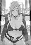  1girl belt bikini_top breasts butcha-u choker cleavage collarbone contrapposto curvy dead_or_alive dead_or_alive_5 eyebrows_visible_through_hair greyscale highres honoka_(doa) jacket large_breasts long_hair looking_at_viewer monochrome one_eye_closed open_clothes open_jacket short_shorts shorts skull solo sweat track_jacket wardrobe_malfunction work_in_progress 