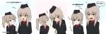  2girls :&lt; =3 alternate_costume alternate_hair_length alternate_hairstyle arm_behind_back arms_behind_back bangs black_headwear black_jacket blue_eyes blush brown_eyes closed_mouth clothes_grab dress_shirt eyebrows_visible_through_hair frown garrison_cap girls_und_panzer hair_tie hand_in_hair hat head_tilt highres insignia itsumi_erika jacket kuromorimine_military_uniform leaning_to_the_side light_brown_hair long_hair long_sleeves looking_at_another medium_hair military military_hat military_uniform motion_lines multiple_girls notice_lines open_mouth ponytail red_shirt shimada_arisu shirt short_ponytail silver_hair simple_background snort standing uniform wata_do_chinkuru whispering white_background wing_collar 