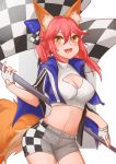  1girl adapted_costume animal_ear_fluff animal_ears blush breasts cleavage cleavage_cutout closed_umbrella clothes_writing commentary_request elbow_gloves eyebrows_visible_through_hair fate/extra fate/extra_ccc fate/grand_order fate_(series) fox_ears fox_girl fox_tail gloves kordessa large_breasts looking_at_viewer midriff navel open_mouth pink_hair race_queen simple_background solo tail tamamo_(fate)_(all) tamamo_no_mae_(fate) umbrella white_background yellow_eyes 