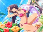  1girl arm_up bikini black_hair blue_eyes breasts cleavage day dutch_angle floating_hair floral_print flower groin hair_over_one_eye hibiscus highres ikkitousen innertube kan&#039;u_unchou large_breasts lens_flare long_hair looking_at_viewer navel one_knee outdoors parted_lips print_bikini purple_bikini red_flower shiny shiny_skin sideboob solo summer sunlight swimsuit transparent underboob very_long_hair yaegashi_nan yellow_flower 