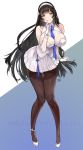  1girl absurdres alraco bangs black_hair black_legwear blush breasts cape cleavage closed_mouth eyebrows_visible_through_hair finger_to_mouth flower full_body girls_frontline gloves hair_flower hair_ornament hairband highres large_breasts long_hair looking_at_viewer pantyhose qbz-95_(girls_frontline) shirt shushing simple_background skirt smile solo thighhighs very_long_hair white_gloves white_hairband white_shirt white_skirt yellow_eyes 