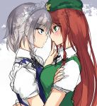  2girls asymmetrical_docking bangs beret black_neckwear black_ribbon blue_dress blue_eyes blush braid breast_press breasts dress eye_contact eyebrows_visible_through_hair finger_to_another&#039;s_mouth from_side green_eyes green_headwear green_vest hair_between_eyes hat hong_meiling izayoi_sakuya large_breasts long_hair looking_at_another maid maid_headdress multiple_girls neck_ribbon paburisiyasu parted_lips profile puffy_short_sleeves puffy_sleeves red_hair ribbon shirt short_hair short_sleeves silver_hair sketch star touhou twin_braids upper_body very_long_hair vest white_background white_shirt yuri 