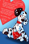  101_dalmatian_street 101_dalmatians 3_toes anthro bassybird canid canine canis collar dalmatian disney domestic_dog dylan_(101_dalmatians) holidays male mammal red_eyes toes valentine&#039;s_day 