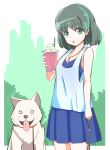  1girl bare_arms breasts brown_hair casual commentary_request dog drink green_eyes jewelry leash looking_at_viewer mononoke_hime necklace open_mouth san short_hair skirt studio_ghibli t_shatsu 