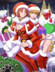  2girls audrey_burne belt blush boots box breasts candy candy_cane christmas christmas_tree cleavage closed_mouth commentary_request food gacha-m gift gift_box green_eyes gundam gundam_unicorn haro hat heart helmet kshatriya leaf marida_cruz mask medium_breasts mineva_lao_zabi multiple_girls open_mouth orange_hair pantyhose pom_pom_(clothes) robot sack santa_costume santa_hat short_hair sitting sky star star_(sky) starry_sky white_legwear wreath 