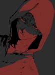  1boy blood blood_on_face bloody_clothes frown grey_background hair_between_eyes hatching_(texture) highres hood hood_up hoodie injury maki_keigo male_focus muted_color original red_eyes scratches shaded_face shadow simple_background solo 