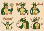  2018 angry beverage coffee collar cup digital_media_(artwork) green_scales happy kobold looking_at_viewer male nude open_mouth orange_eyes piercing scales simple_background smile telegram text wolfool zylk0r 