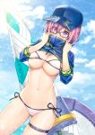  1girl artoria_pendragon_(all) baseball_cap bikini blue_jacket blue_sky blush breasts cleavage cloud cosplay covered_mouth day eyebrows_visible_through_hair fate/grand_order fate_(series) glasses hair_between_eyes hair_over_one_eye hat jacket kotatsu_(kotatsu358) large_breasts looking_at_viewer mash_kyrielight mysterious_heroine_xx_(foreigner) mysterious_heroine_xx_(foreigner)_(cosplay) navel outdoors pink_hair purple_eyes short_hair shrug_(clothing) side-tie_bikini skindentation sky solo swimsuit thigh_strap white_bikini 