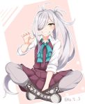  1girl absurdres ahoge asashimo_(kantai_collection) boots cross-laced_footwear curled_fingers grey_eyes grey_legwear grin hair_over_one_eye halterneck highres indian_style ka_tsumi kantai_collection lace-up_boots long_hair looking_at_viewer pantyhose pink_background ponytail school_uniform shirt silver_hair sitting sleeves_rolled_up smile solo two-tone_background white_background white_shirt 