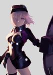  1girl armored_leotard bangs black_gloves black_leotard breasts closed_mouth eyebrows_visible_through_hair fate/grand_order fate_(series) floating_hair gloves grey_background hair_over_one_eye head_mounted_display highres holding leotard looking_at_viewer mash_kyrielight medium_breasts ortenaus purple_eyes purple_hair purple_legwear shield simple_background solo soupchan thighhighs v-shaped_eyebrows wind 