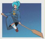  1girl big_hair blue_hair blush botan_(yuu_yuu_hakusho) broom broom_riding eye_(mememem) eyebrows_visible_through_hair flying full_body highres japanese_clothes long_hair long_skirt long_sleeves looking_at_viewer neckerchief night night_sky object_riding open_mouth ponytail purple_eyes sailor_collar school_uniform serafuku skirt sky smile socks solo star_(sky) starry_sky uniform white_legwear yuu_yuu_hakusho 