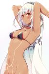  1girl altera_(fate) armpits arms_up black_bikini_top bottomless breasts choker commentary_request dark_skin fate/grand_order fate_(series) from_side groin highres looking_at_viewer looking_to_the_side mou_tama_maru navel out-of-frame_censoring parted_lips red_eyes short_hair small_breasts solo sparkle stomach strap_gap upper_body veil white_choker white_hair 