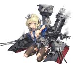  1girl antiaircraft_weapon armpits banned_artist black_legwear blonde_hair blue_dress blue_eyes blush breasts cannon capelet clenched_hand colorado_(kantai_collection) dress hat headgear kantai_collection machinery necktie official_art pantyhose paseri short_hair sideboob smoke source_request torn_clothes torn_legwear turret 