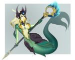  2019 5_fingers black_sclera breasts clothing digital_media_(artwork) evehly female green_scales holding_object holding_weapon league_of_legends marine merfolk nami_(lol) naughty_face navel red_eyes riot_games scales solo video_games weapon 