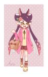  +_+ 1girl animal_ears aori_(splatoon) black_hair black_legwear black_neckwear black_shorts brown_eyes bunny_ears carrying casual character_name coat cross-laced_footwear cursive domino_mask earrings fangs flower flower_earrings food food_on_head gradient_hair hair_flower hair_ornament highres hinana37 jewelry kemonomimi_mode long_hair long_sleeves mask mole mole_under_eye multicolored_hair neck_ribbon object_on_head open_clothes open_coat open_mouth outside_border picnic_basket pink_coat pointy_ears polka_dot polka_dot_background purple_background purple_hair ribbon shirt shoes shorts smile sneakers socks solo splatoon_(series) splatoon_1 standing tentacle_hair very_long_hair walking yellow_footwear yellow_shirt 