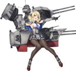  1girl antiaircraft_weapon armpits banned_artist black_legwear blonde_hair blue_dress blue_eyes breasts cannon capelet colorado_(kantai_collection) dress kantai_collection machinery necktie official_art open_mouth pantyhose paseri pointing pointing_finger short_hair sideboob source_request turret 