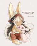  1other animal_ears artist_name blush closed_eyes closed_mouth facing_another full_body furry helmet highres hug kawasemi27 looking_away made_in_abyss mitty_(made_in_abyss) nanachi_(made_in_abyss) red_eyes short_hair smile tail twitter_username whiskers white_hair 